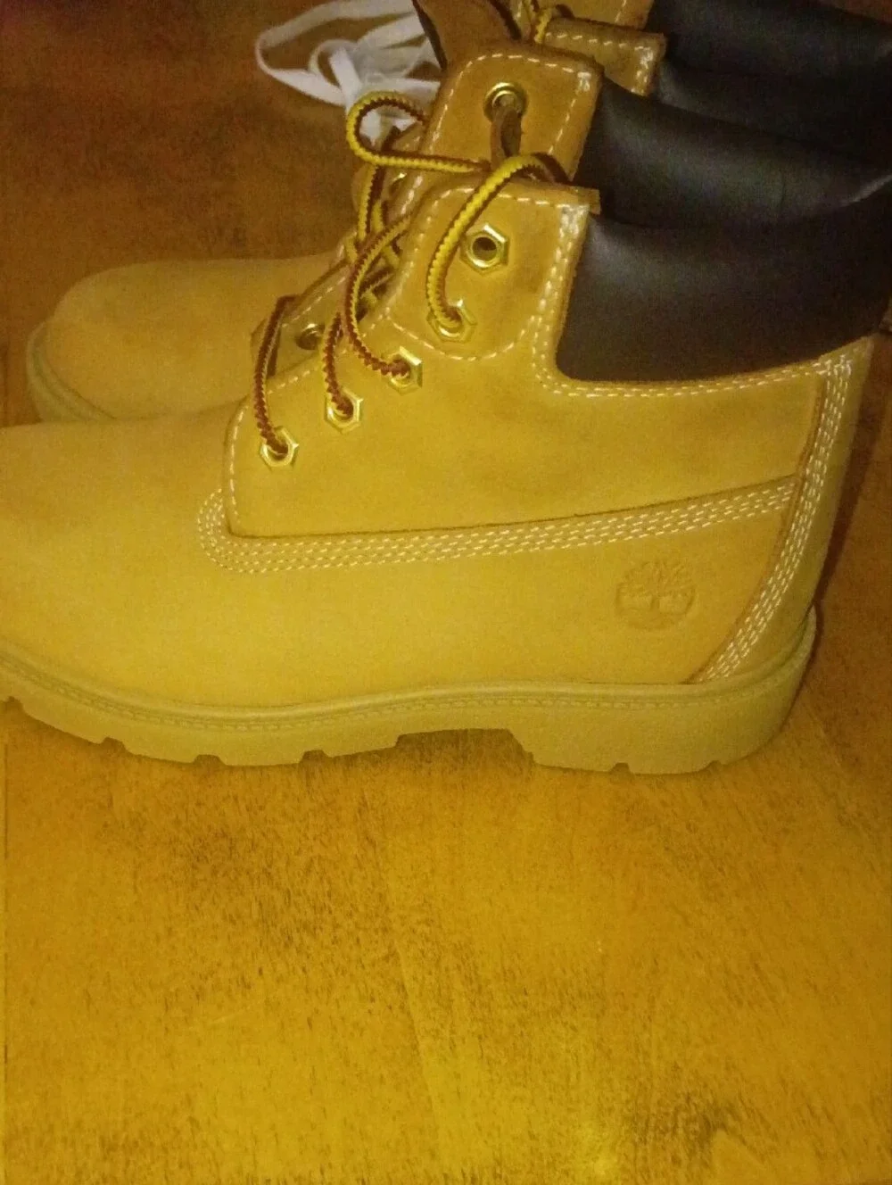 Timberland Kids Wheat Boots with Black Collar and Yellow Laces